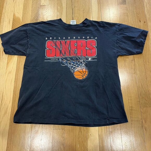Vintage Starter Philadelphia 76ers Basketball‎ Shirt Black Faded 1988 Mens L NBA